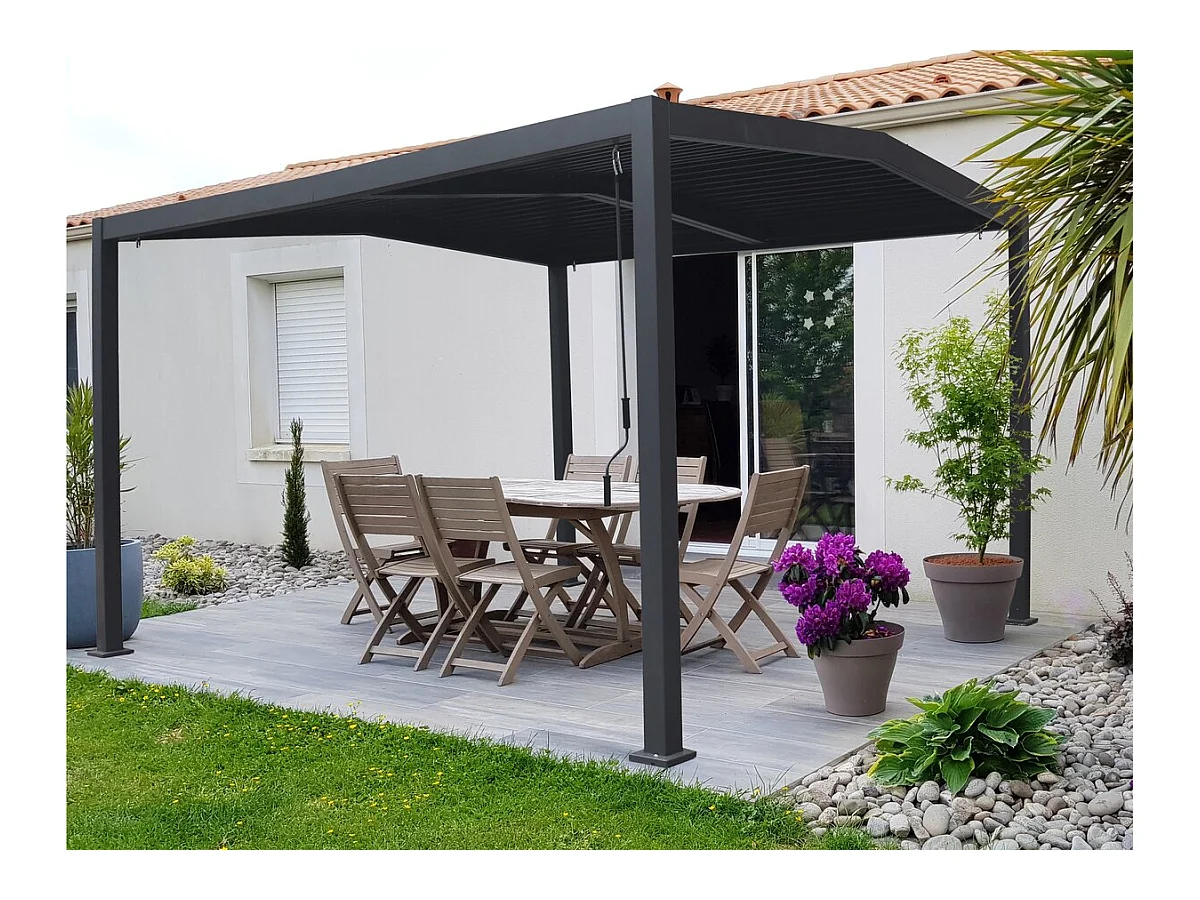 Pergola bioclimatique toit 2 pans "Victoria" en aluminium et métal- 3,5 x 4 m - Gris