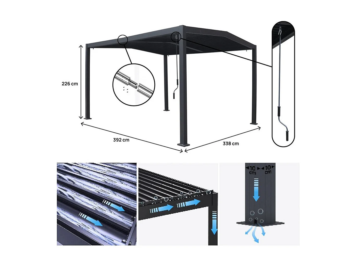 Pergola bioclimatique toit 2 pans "Victoria" en aluminium et métal- 3,5 x 4 m - Gris