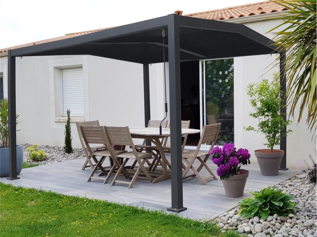 Bioklimatische pergola "Victoria" van aluminium en grijs metaal 3,5 x 4 m - Waterdicht dak en kantelbare lamellen