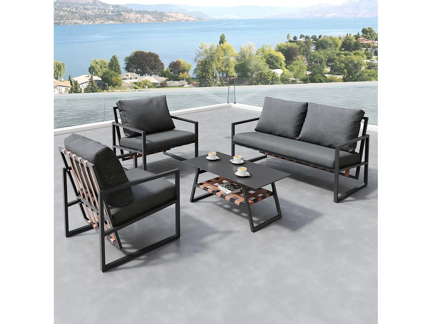 Salon de jardin 4 places en acier galvanisé, 1 canapé, 2 fauteuils et table basse avec couche de stockage