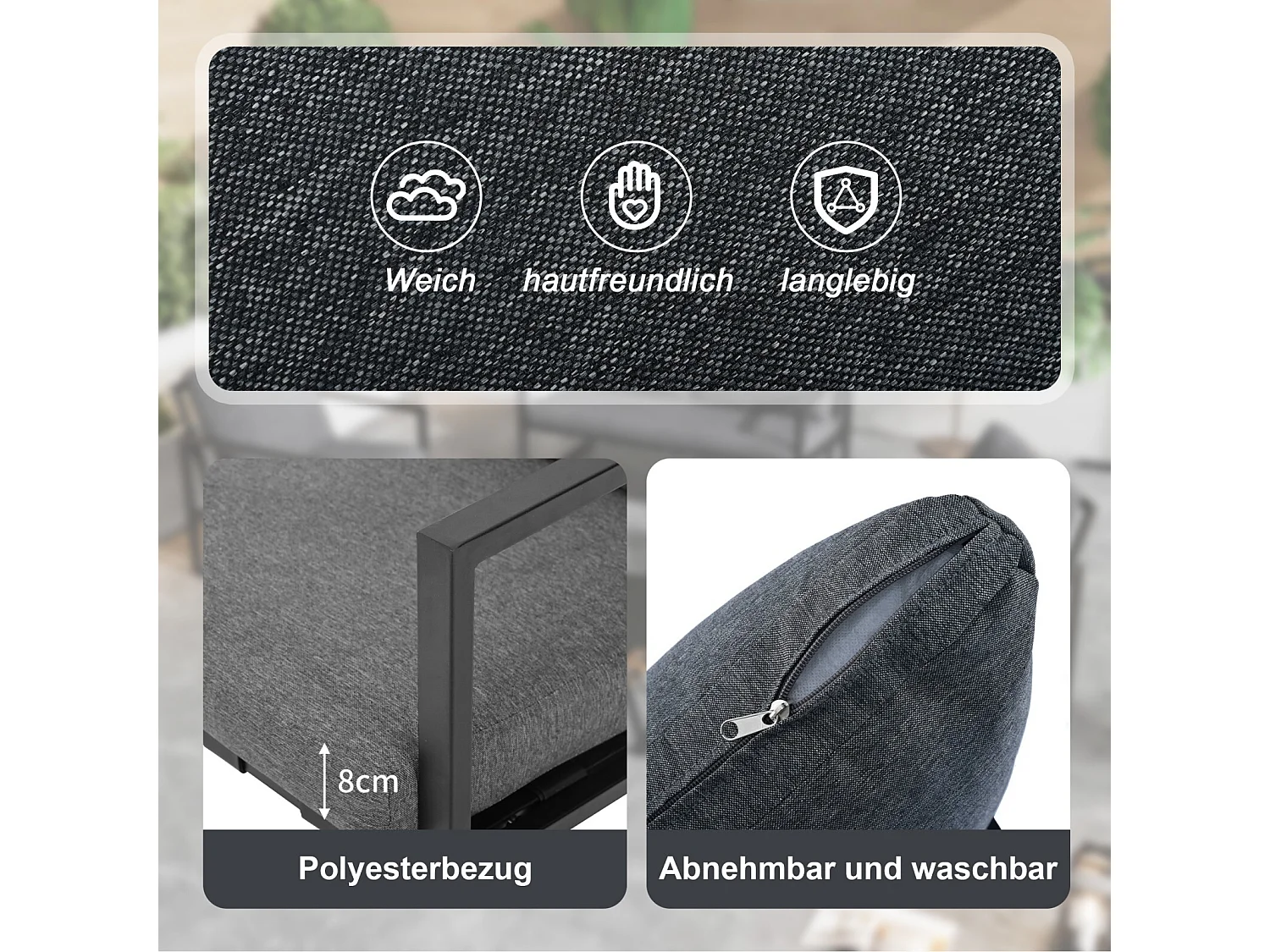 Salon de jardin 4 places en acier galvanisé, 1 canapé, 2 fauteuils et table basse avec couche de stockage