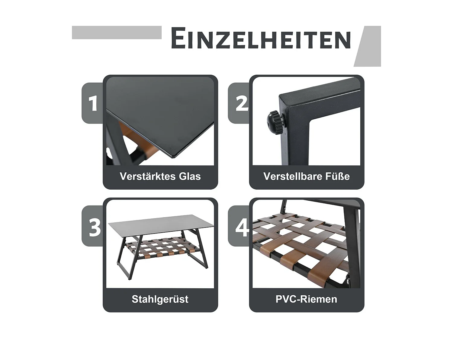 Salon de jardin 4 places en acier galvanisé, 1 canapé, 2 fauteuils et table basse avec couche de stockage