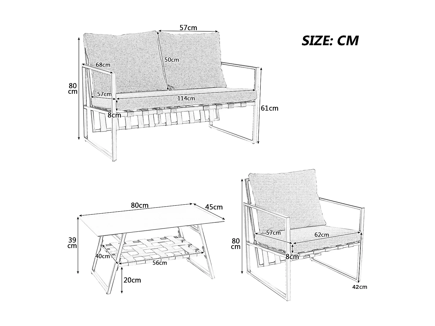 Tuinmeubilair 4 zitplaatsen in gegalvaniseerd staal, 1 bank, 2 fauteuils en salontafel met opberglade