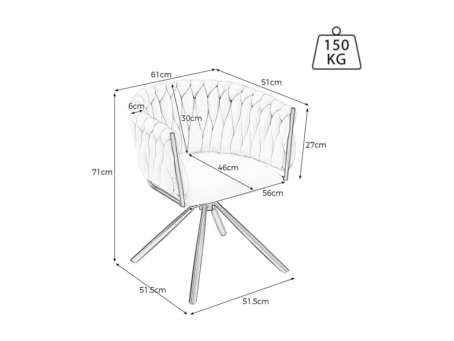 Set van 6 360° draaistoelen, van fluweel en metaal, ergonomisch, 46cm zitdiepte, Grijs
