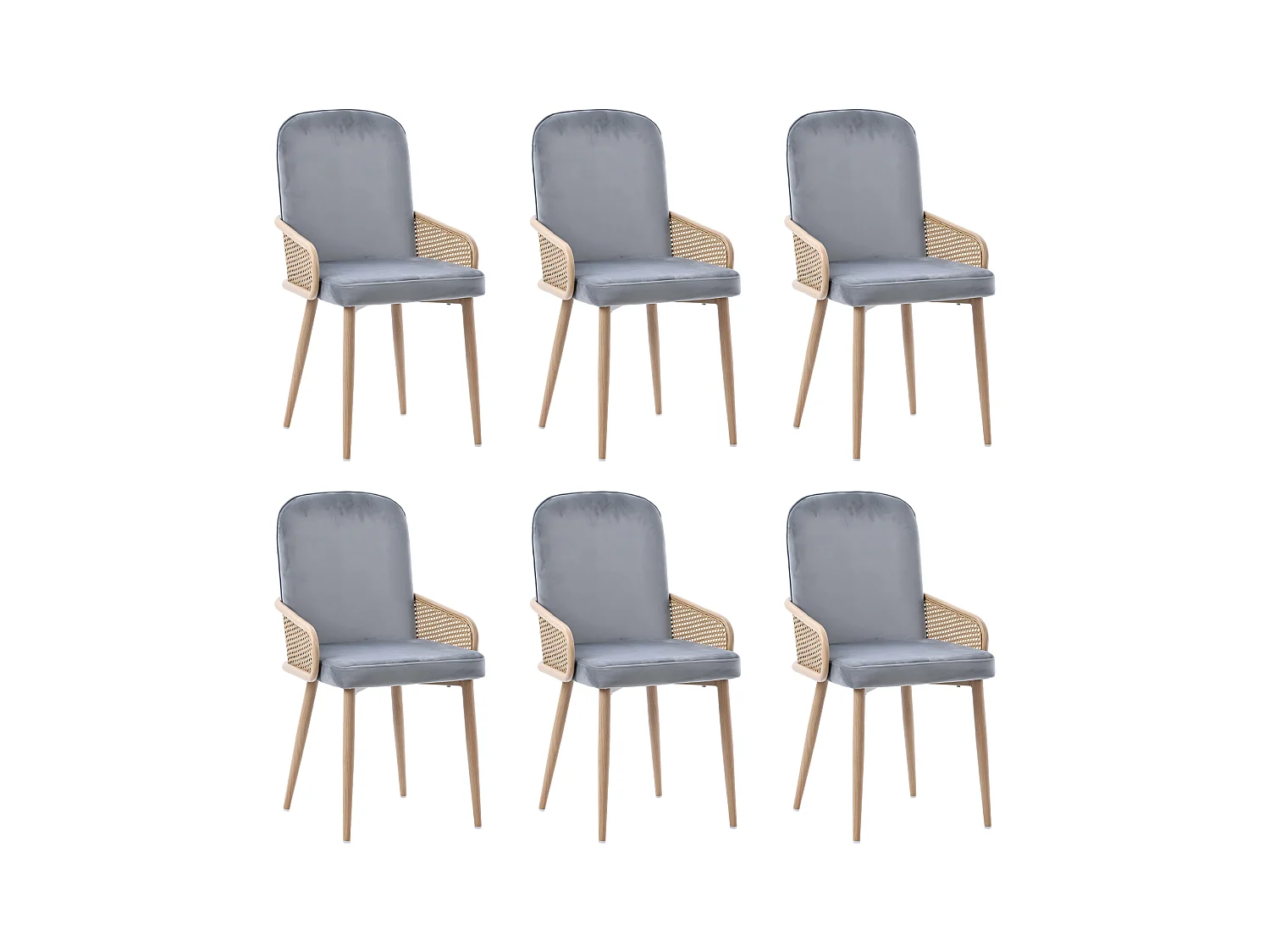 6 Metall- und Rattan -Stühle, Metallfüße Holzkorn, 45 x 43 x 90 cm, grau