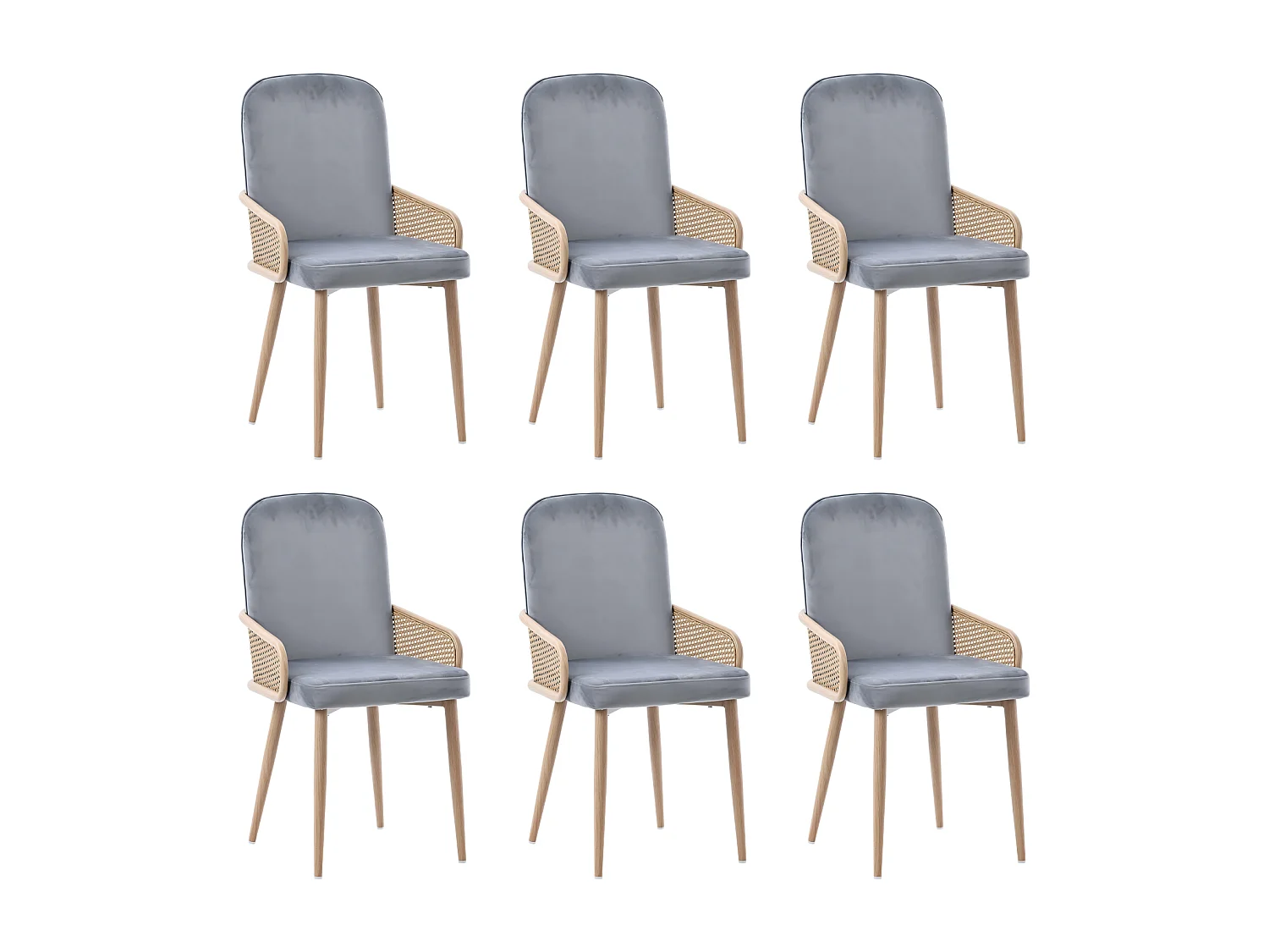 Lot de 6 chaises en métal et rotin, pieds en métal grain de bois, 45x43x90cm, Gris