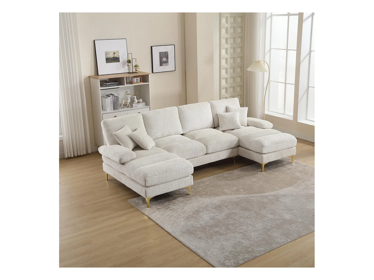 Canapé 4 places d'angle, en tissu chenille, cadre en bois massif, avec oreillers, 272x136x88cm, Beige