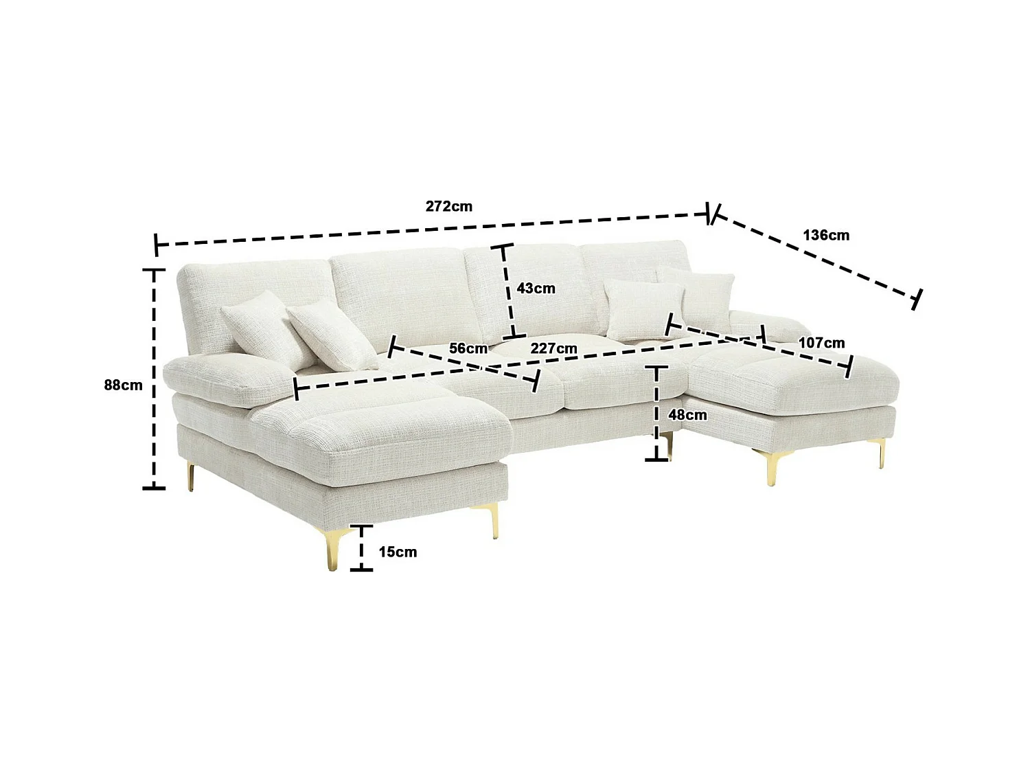 Divano angolare 4 posti, Nel tessuto Caterpillar, telaio in legno massiccio, con cuscini, 272x136x88cm, Beige