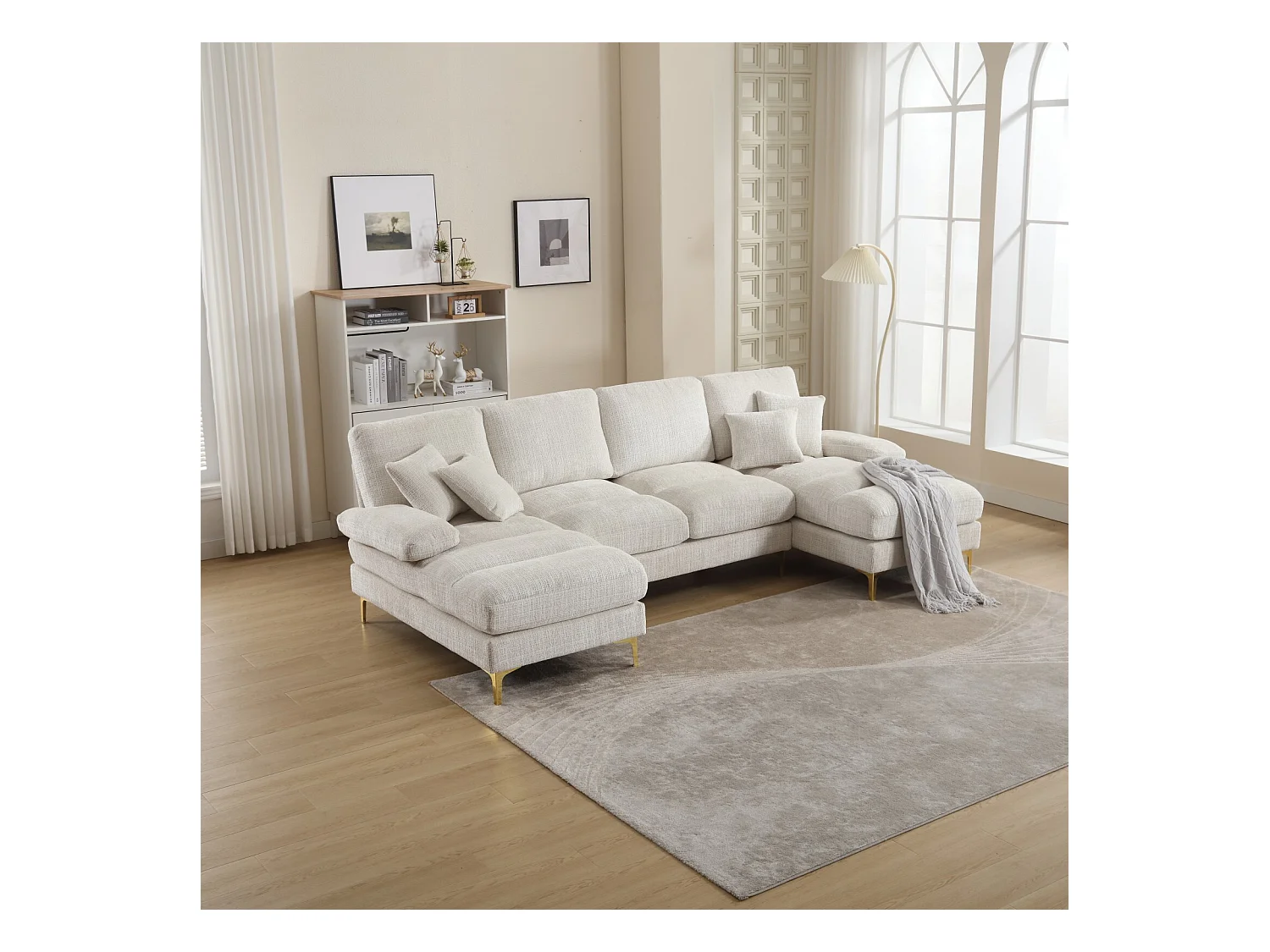 Divano angolare 4 posti, Nel tessuto Caterpillar, telaio in legno massiccio, con cuscini, 272x136x88cm, Beige