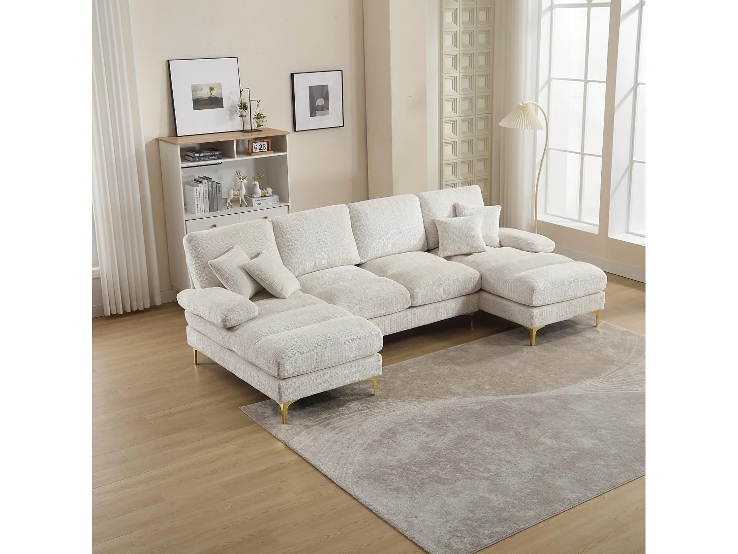 Canapé 4 places d'angle, en tissu chenille, cadre en bois massif, avec oreillers, 272x136x88cm, Beige