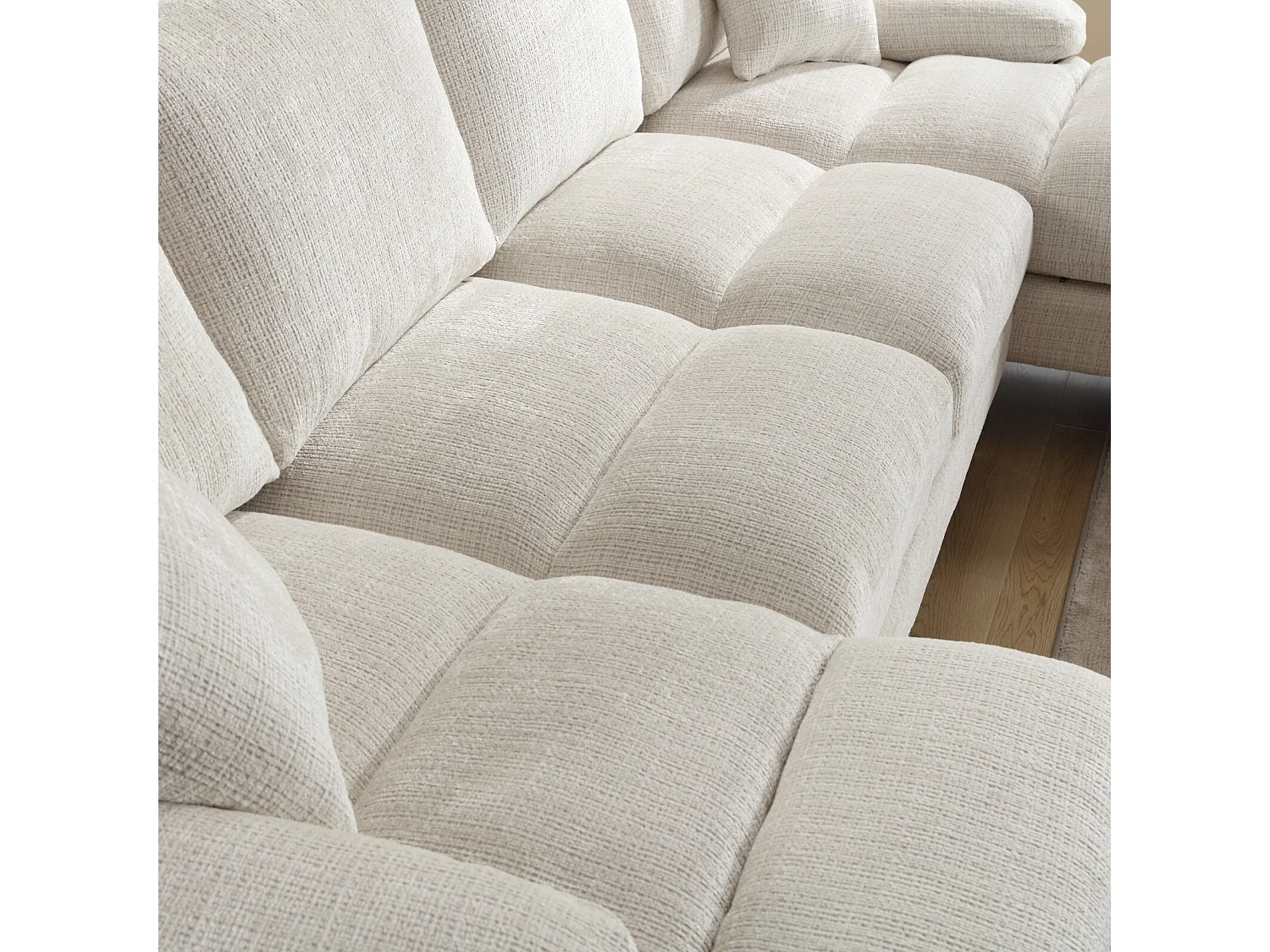 Canapé 4 places d'angle, en tissu chenille, cadre en bois massif, avec oreillers, 272x136x88cm, Beige