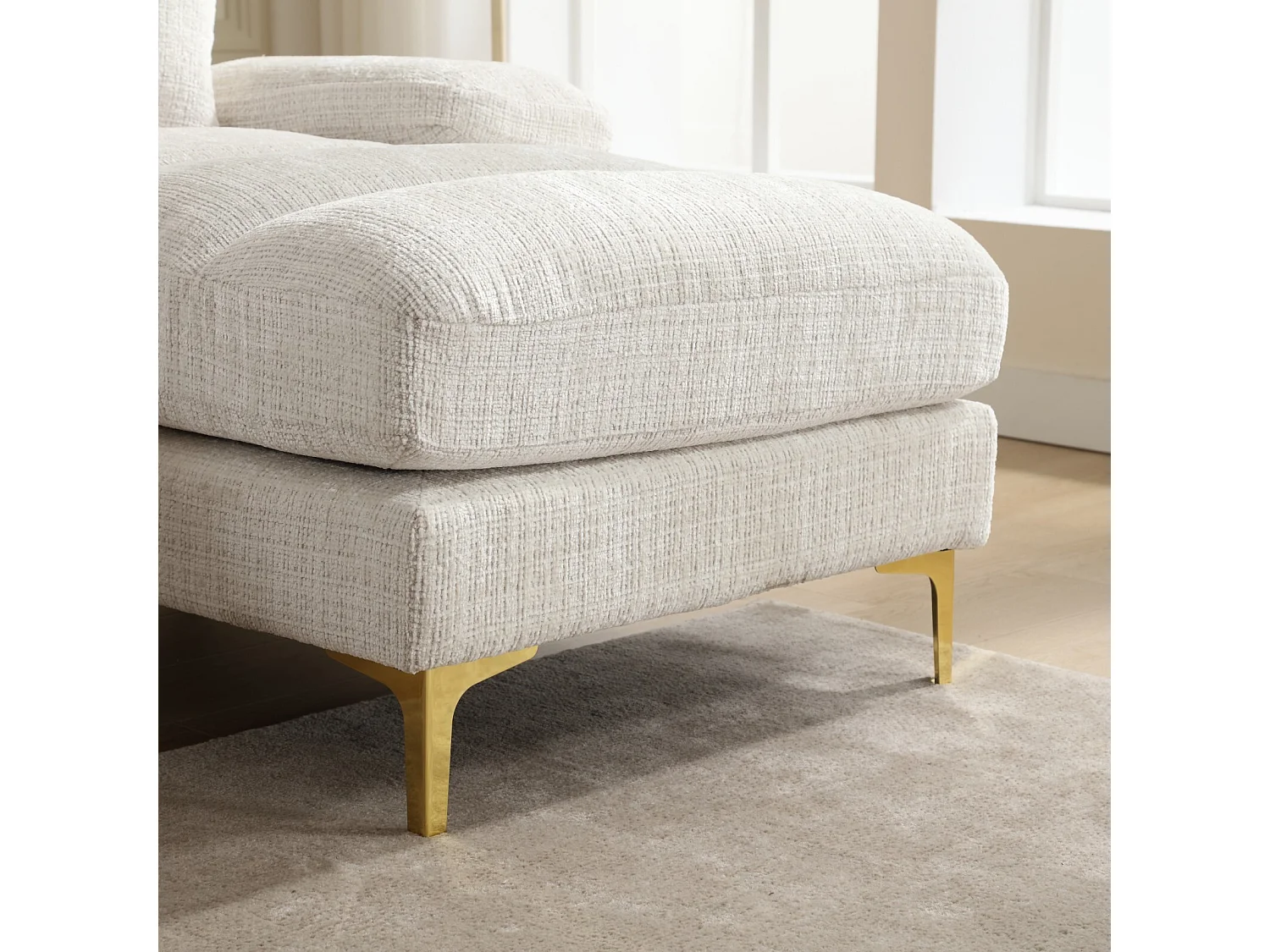 Canapé 4 places d'angle, en tissu chenille, cadre en bois massif, avec oreillers, 272x136x88cm, Beige