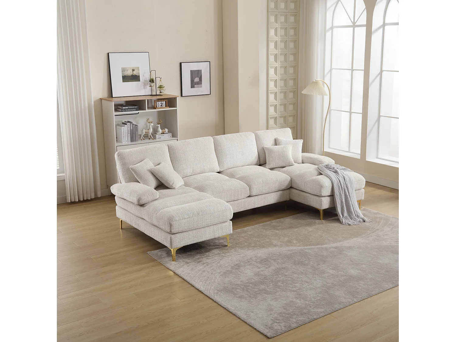 Canapé 4 places d'angle, en tissu chenille, cadre en bois massif, avec oreillers, 272x136x88cm, Beige