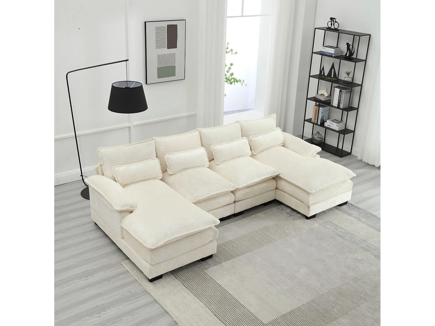 Gran sofá panorámico de 4 salones, en forma de U, con 4 almohadas lumbares, 261x134x82cm, beige