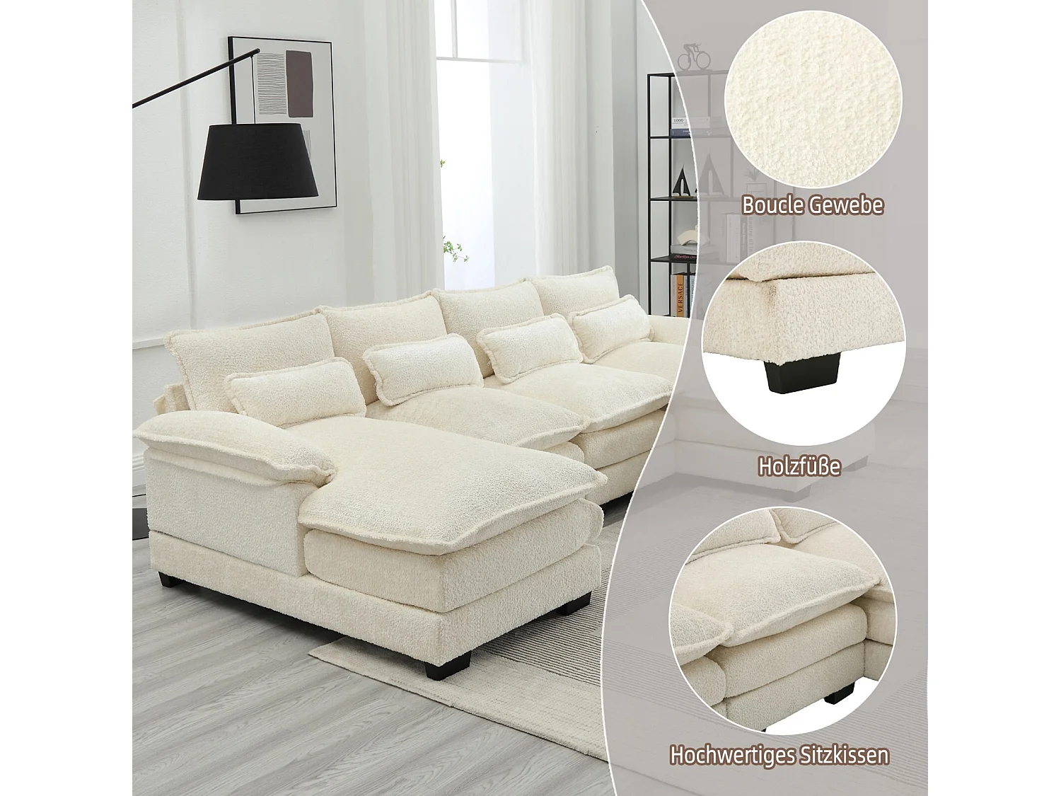 Gran sofá panorámico de 4 salones, en forma de U, con 4 almohadas lumbares, 261x134x82cm, beige