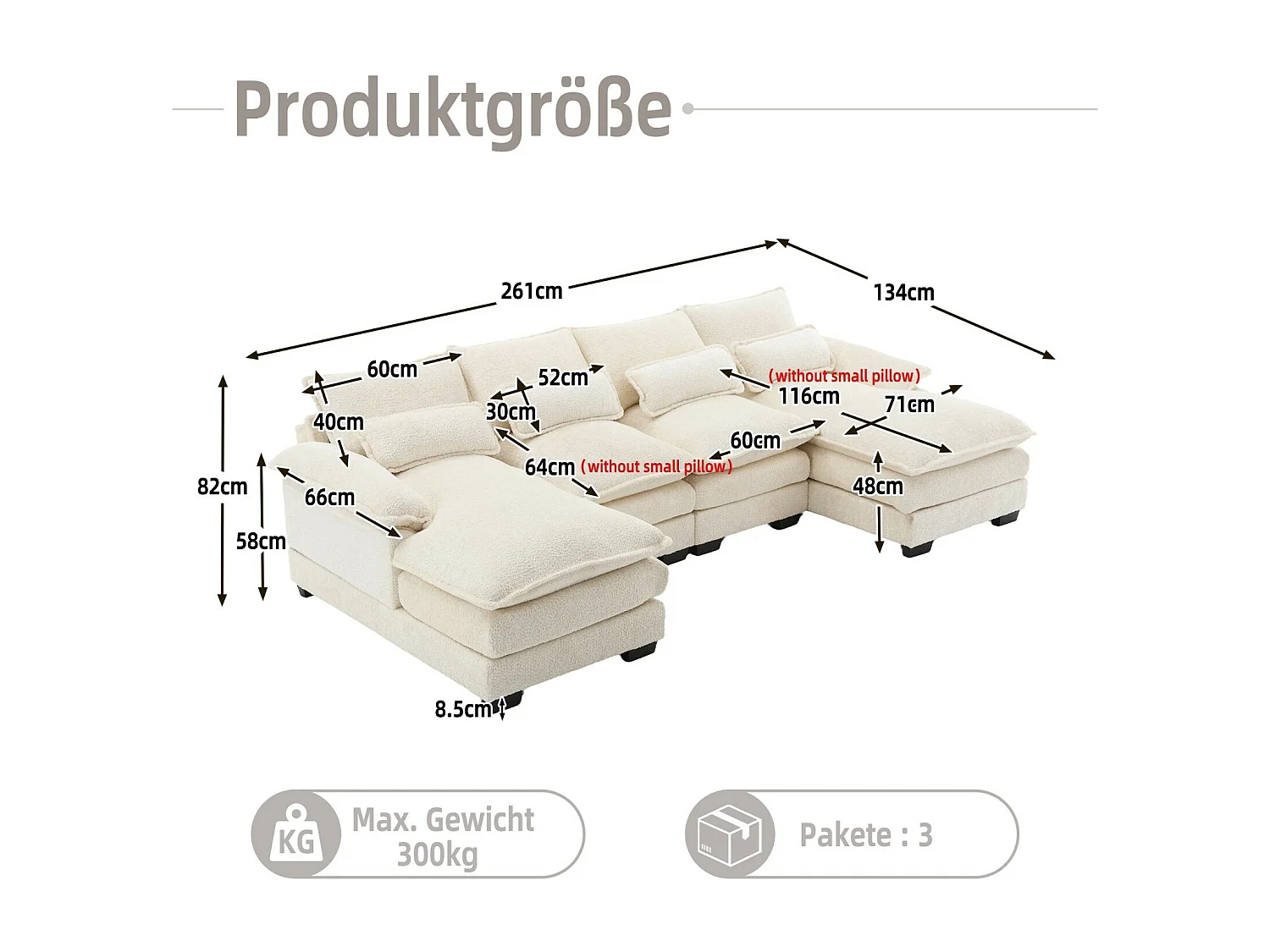 Gran sofá panorámico de 4 salones, en forma de U, con 4 almohadas lumbares, 261x134x82cm, beige