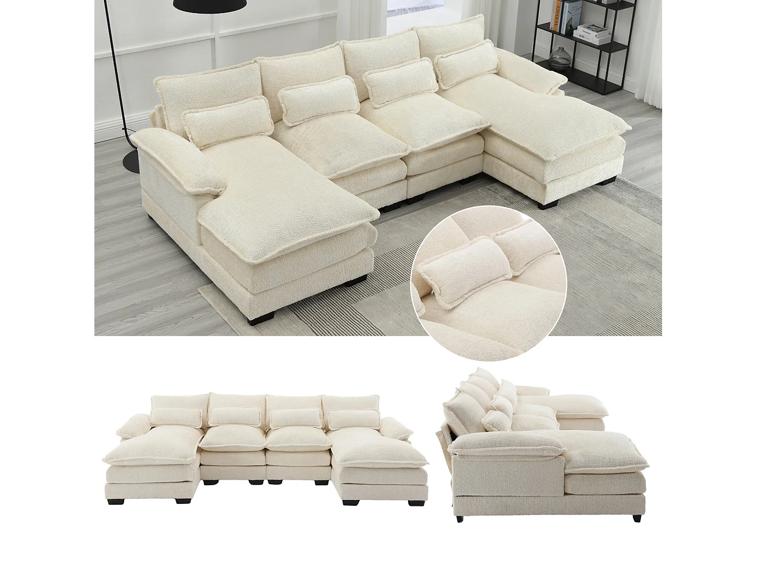 Gran sofá panorámico de 4 salones, en forma de U, con 4 almohadas lumbares, 261x134x82cm, beige