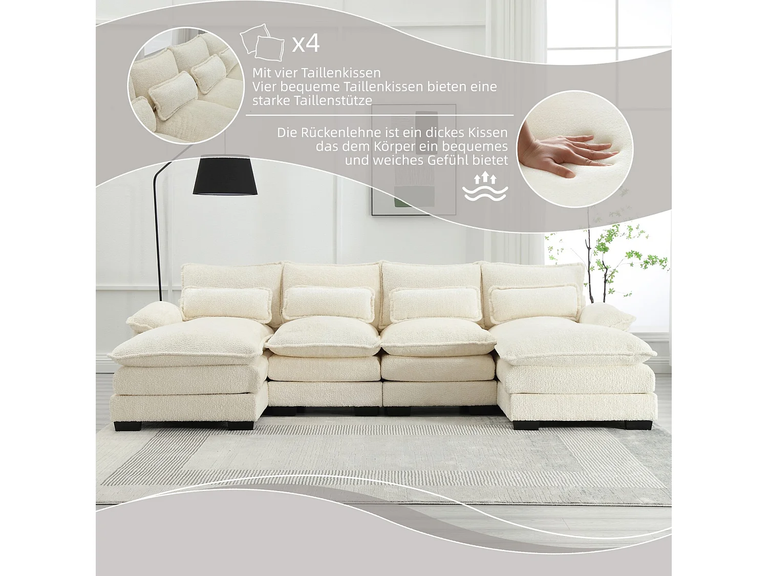 Gran sofá panorámico de 4 salones, en forma de U, con 4 almohadas lumbares, 261x134x82cm, beige