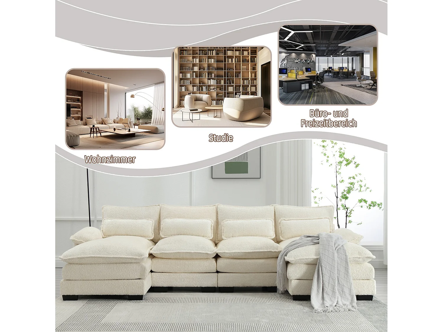 Gran sofá panorámico de 4 salones, en forma de U, con 4 almohadas lumbares, 261x134x82cm, beige