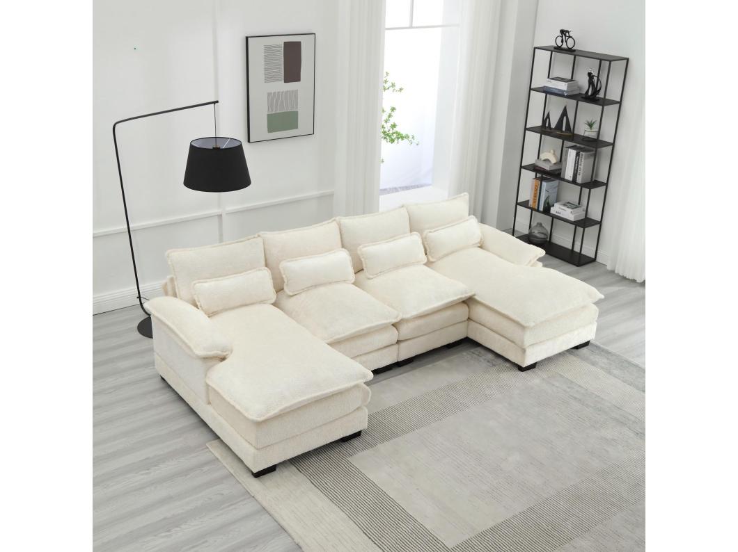 Grand canapé 4 places panoramique, forme de U, avec 4 oreillers lombaires, 261x134x82cm, Beige