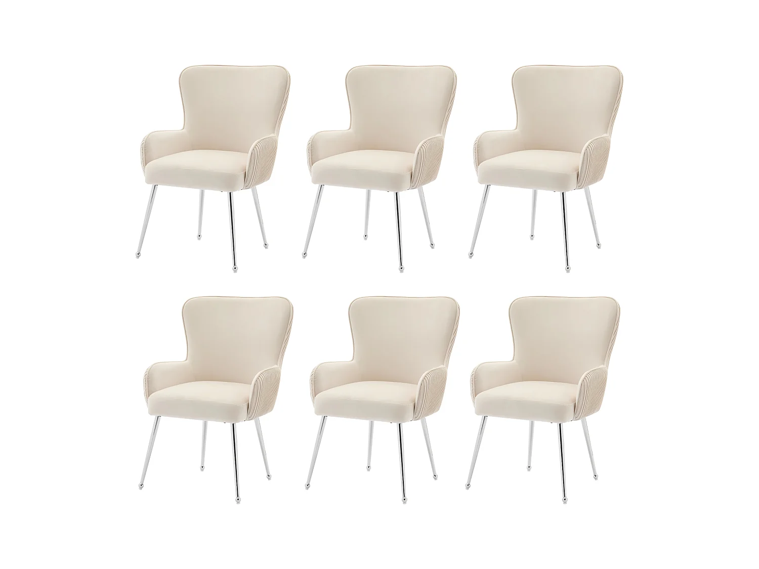 Lot de 6 chaises avec accoudoirs et pieds réglables, Velours et métal, soutien lombaire, Beige