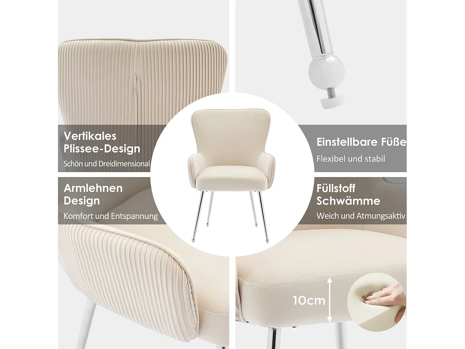 Lot de 6 chaises avec accoudoirs et pieds réglables, Velours et métal, soutien lombaire, Beige