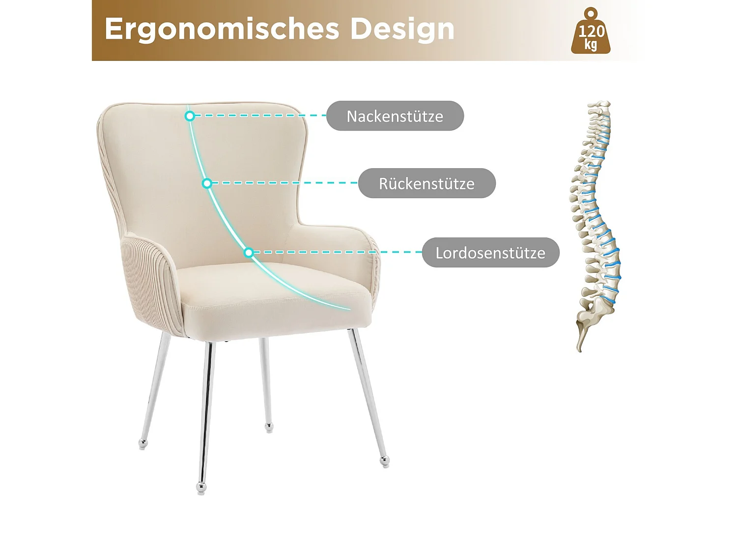 Set van 6 stoelen met armleuningen en verstelbare poten, Fluweel en metaal, lendensteun, Beige