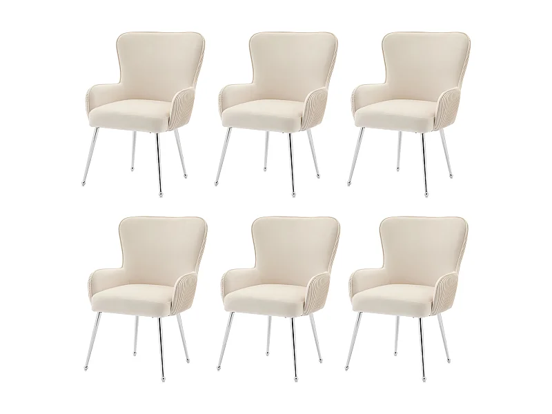 Set di 6 sedie con braccioli e piedi regolabili, velluto e metallo, supporto lombare, beige