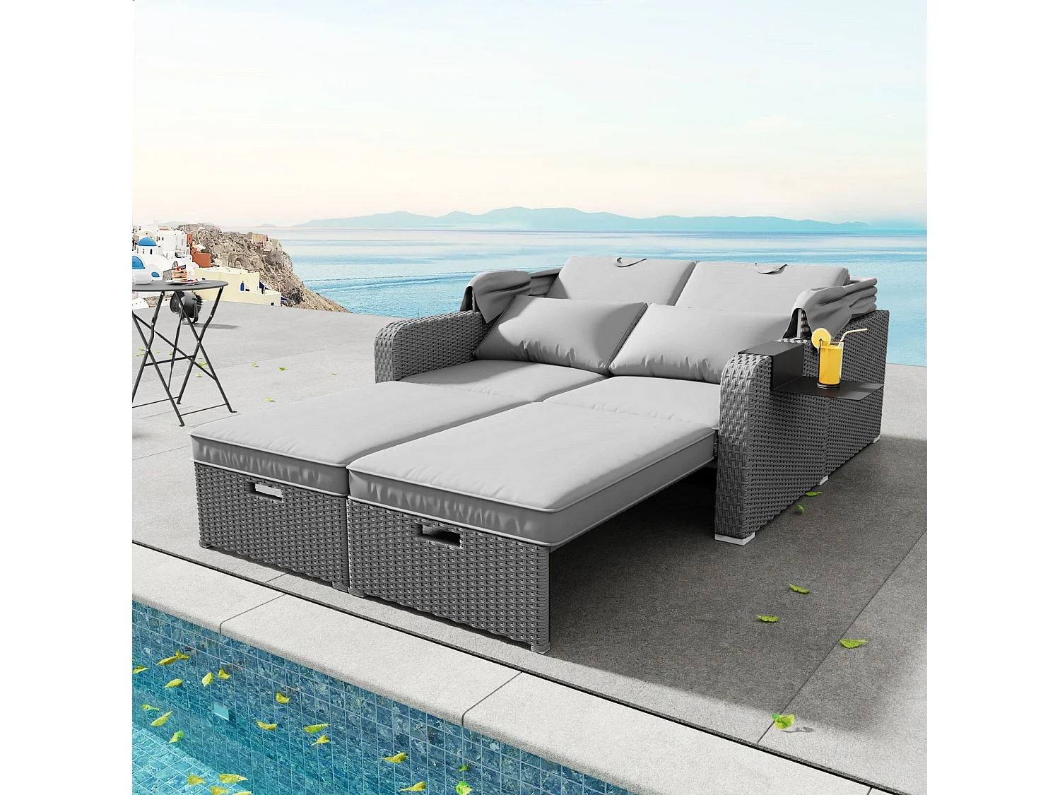 Tuinbank 2-zits, conversiebank, van poly riet en spons, met verwijderbaar zonnescherm, 126/196x130x152cm, Grijs