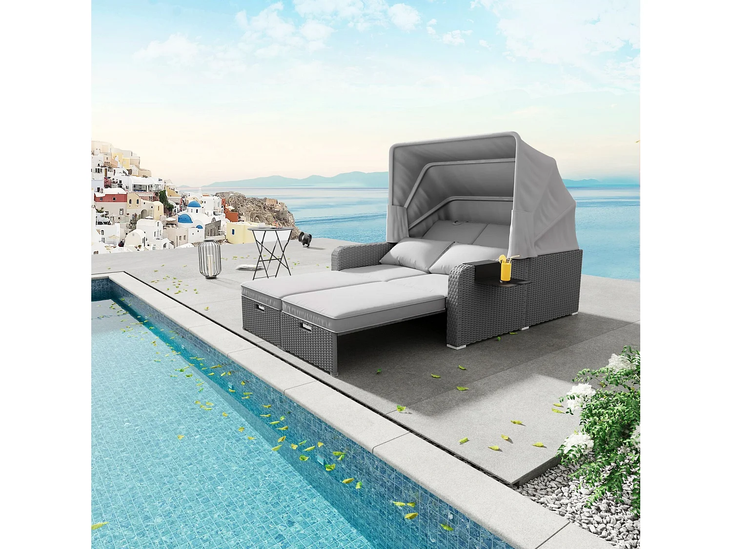 Tuinbank 2-zits, conversiebank, van poly riet en spons, met verwijderbaar zonnescherm, 126/196x130x152cm, Grijs