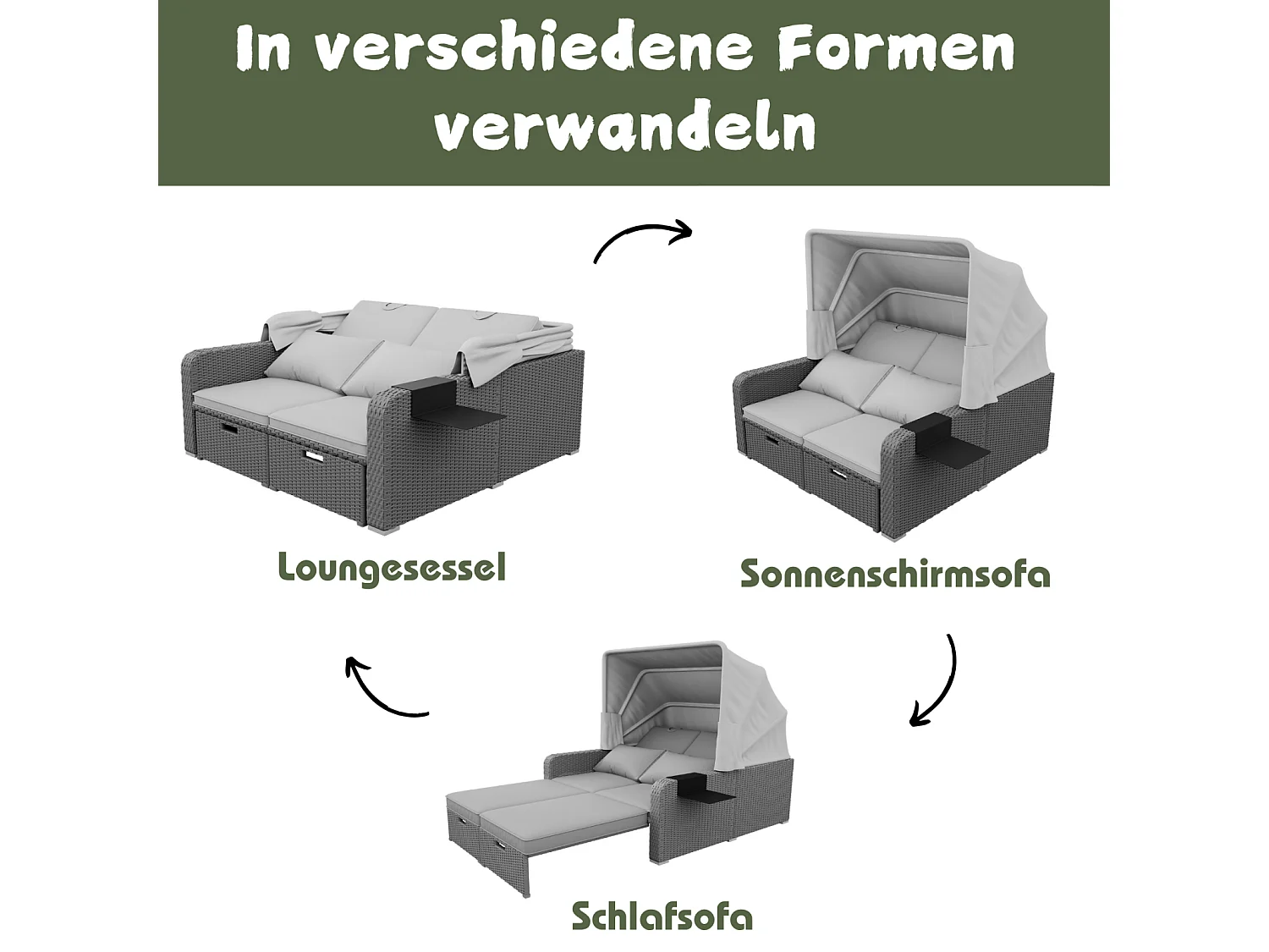 Tuinbank 2-zits, conversiebank, van poly riet en spons, met verwijderbaar zonnescherm, 126/196x130x152cm, Grijs