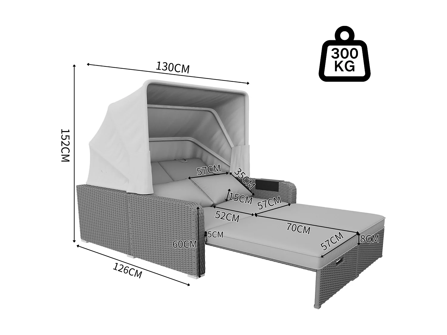 Tuinbank 2-zits, conversiebank, van poly riet en spons, met verwijderbaar zonnescherm, 126/196x130x152cm, Grijs