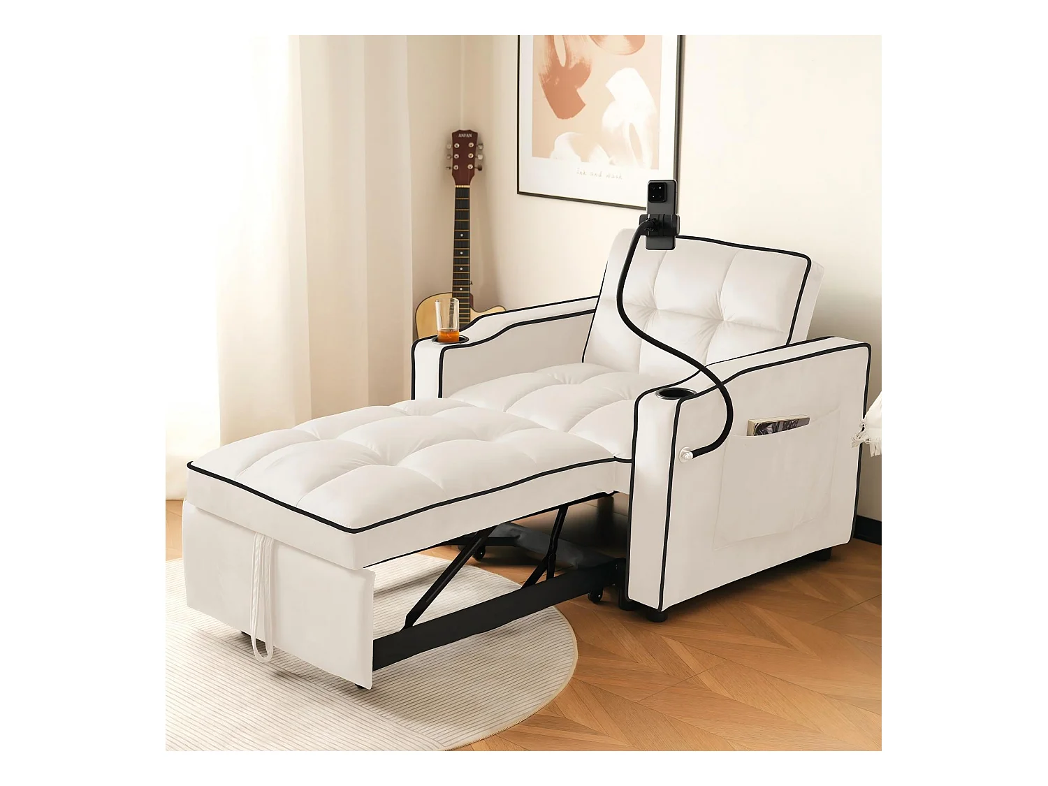 Fauteuil Convertible, en velours, avec détenteur de la tasse et support de téléphone, 75/167x83x76cm, Beige