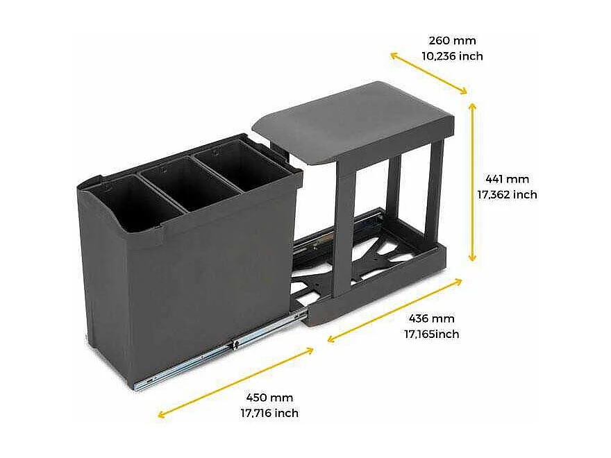 Poubelles de recyclage fixation inférieure et extraction automatique (3 bacs de 10 litres)