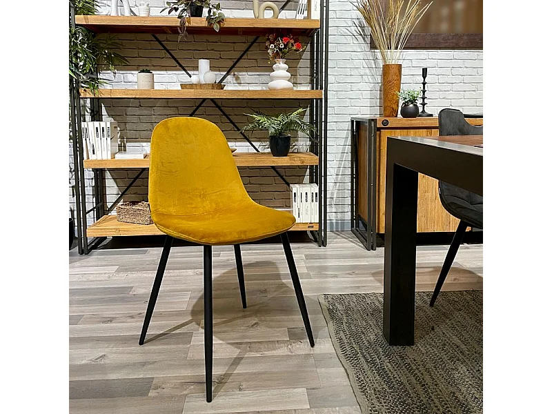 Lot de 2 chaises en tissu velours jaune avec pieds métal noir – BIBA 2