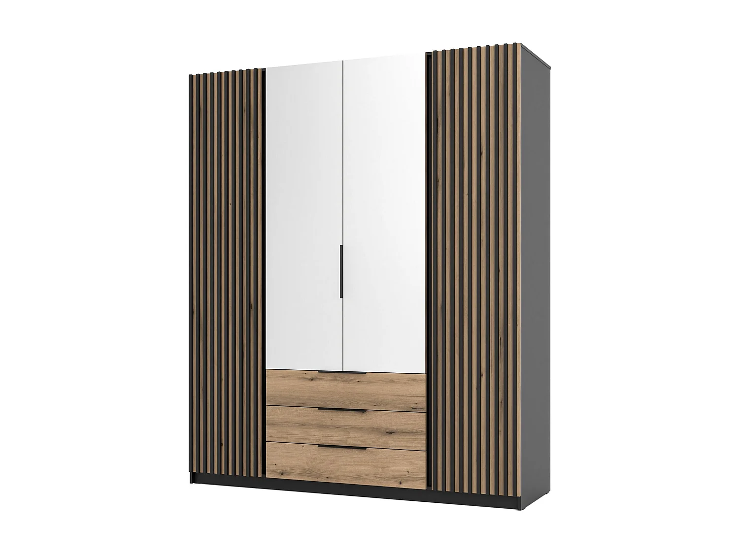 Armoire avec lamelles miroir et 3 tiroirs - 200 cm - chêne evoke/noir - KAJA