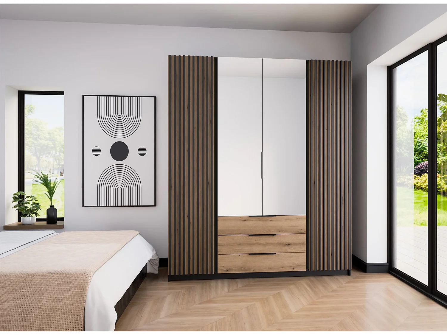 Armoire avec lamelles miroir et 3 tiroirs - 200 cm - chêne evoke/noir - KAJA