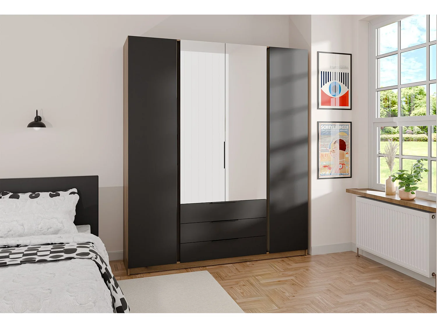 Armoire avec miroir et 3 tiroirs - 200 cm - noir / chêne evoke - KAJA