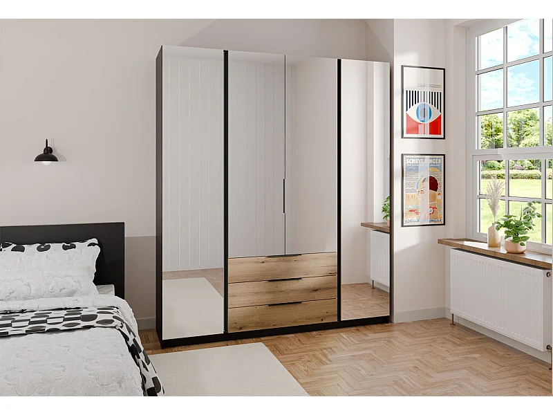 Kleiderschrank mit Spiegel - 3 Schubladen - 200 cm - Eiche/schwarz - KAJA