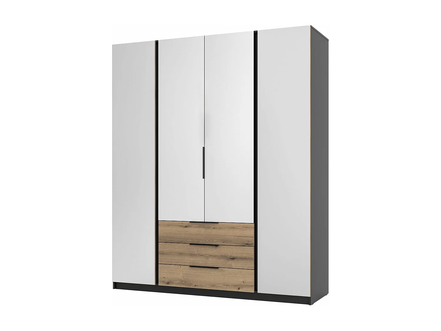 Armoire 4 portes avec miroirs et 3 tiroirs - 200 cm - chêne evoke/noir - KAJA