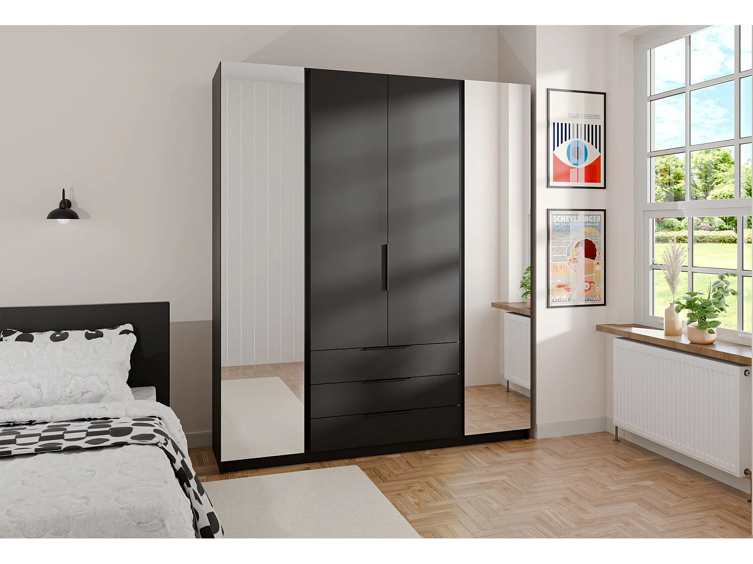 Armoire avec 2 miroirs et 3 tiroirs - 200 cm - noir - KAJA