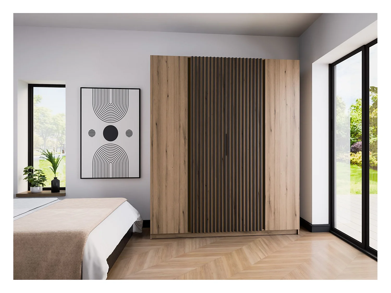 Kleiderschrank mit Lamellen in der Mitte - 200 cm - Eiche - KAJA