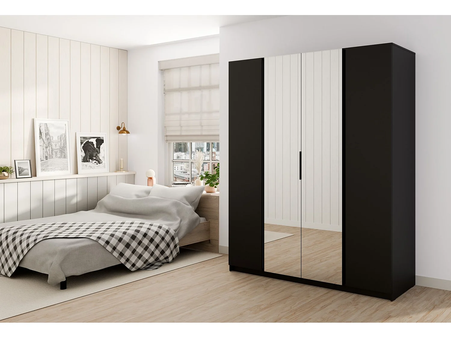 Armoire 4 portes avec miroir - 200 cm - noir - KAJA