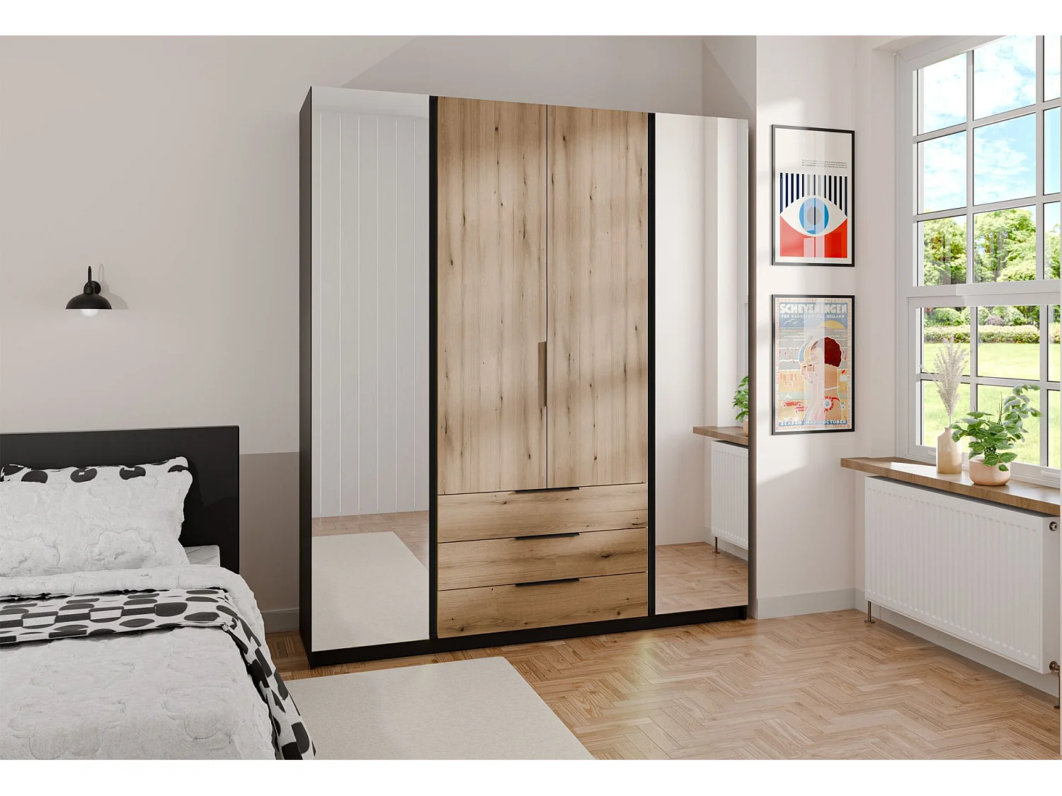 Armoire avec 2 miroirs et 3 tiroirs - 200 cm - chêne evoke/noir - KAJA