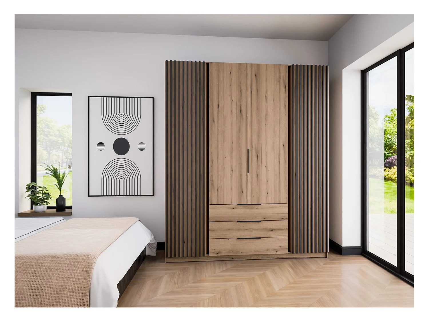 Kleiderschrank mit Lamellen und 3 Schubladen - 200 cm - Eiche - KAJA