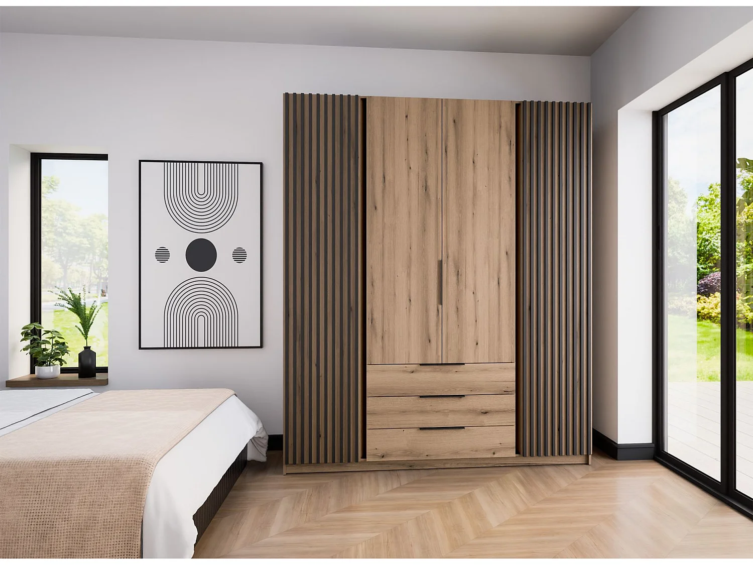 Armoire à 4 portes avec lamelles et 3 tiroirs - 200 cm - chêne evoke - KAJA