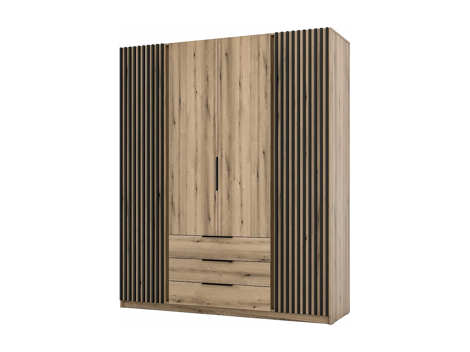 Armoire à 4 portes avec lamelles et 3 tiroirs - 200 cm - chêne evoke - KAJA