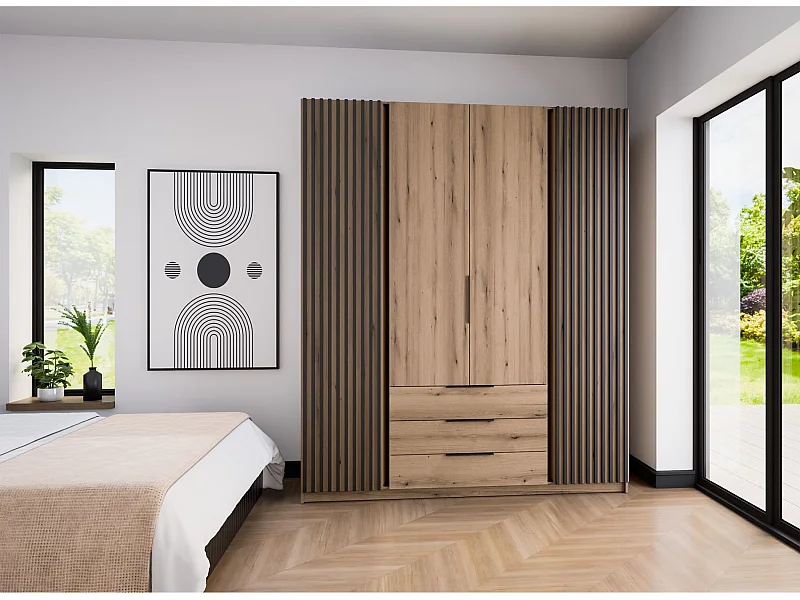 Armoire à 4 portes avec lamelles et 3 tiroirs - 200 cm - chêne evoke - KAJA