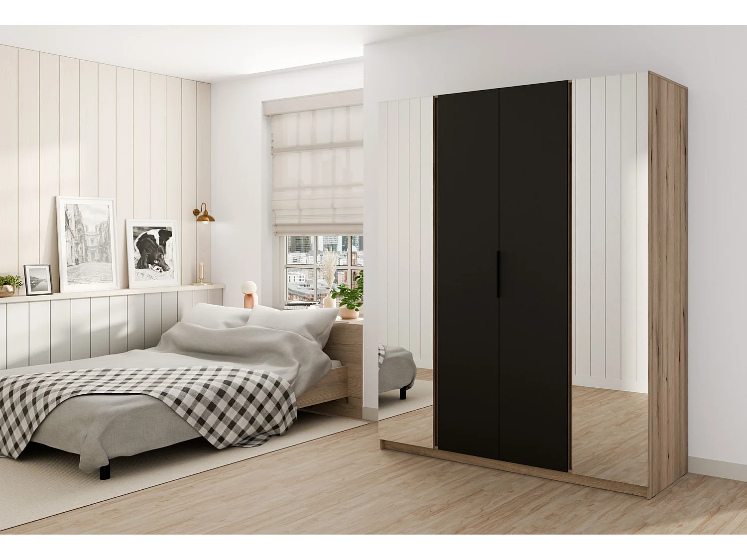 Armoire 4 portes avec 2 miroirs - 200 cm - noir / chêne evoke - KAJA