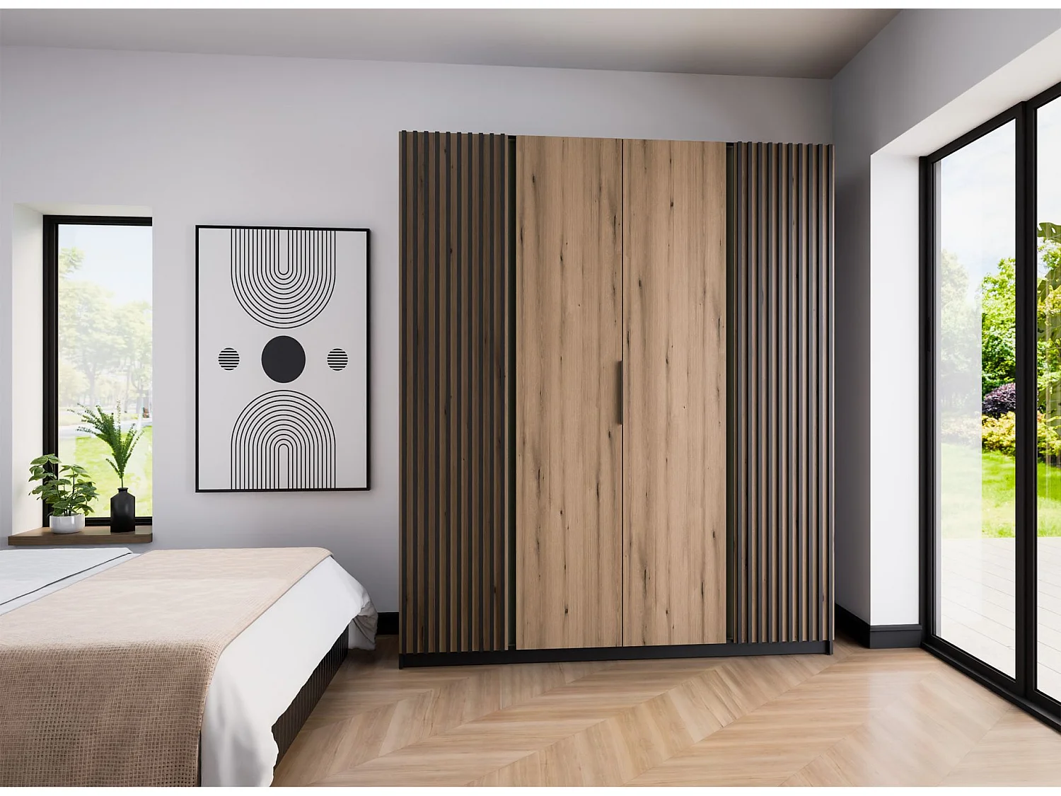 4-deurs kledingkast met buitenlamellen - 200 cm - eiken evoke/zwart - KAJA